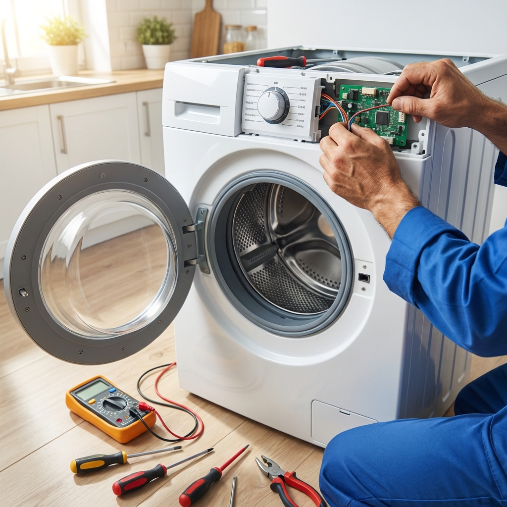 Professional appliance repair technician fixing a machine
